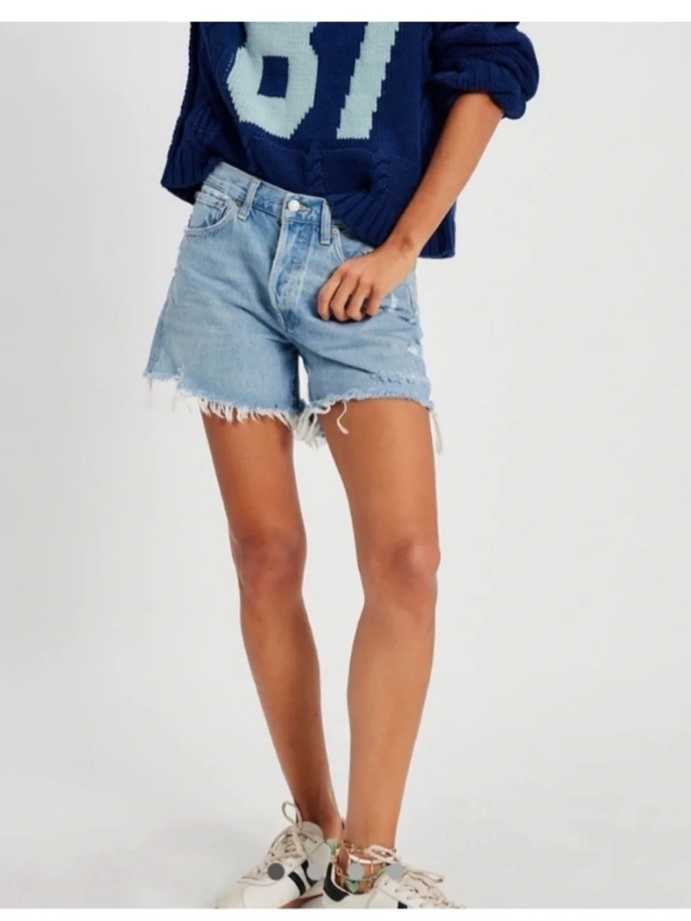 Agolde Parker Long Jean Shorts Size 28 Y2K Distressed Denim Organic Cotton